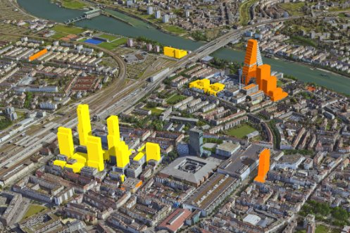 Screenshot aus dem 3D-Luftbild mit eingeblendeten Bauprojekten (orange) und Projektideen (gelb), Aufnahme vom 19. März 2020 